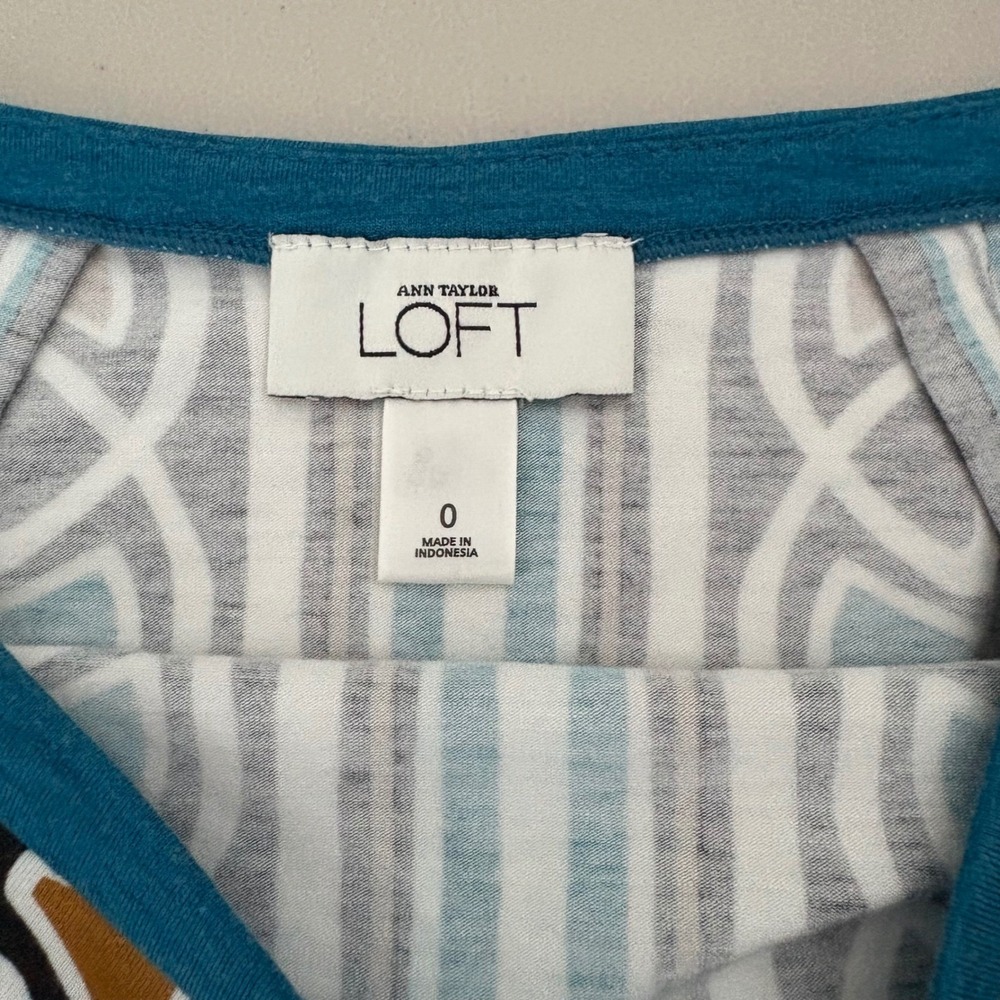 Ann Taylor Loft Teal Blue Geometric Border Print Jersey Mini Skirt Size 0 Office - Picture 6 of 7